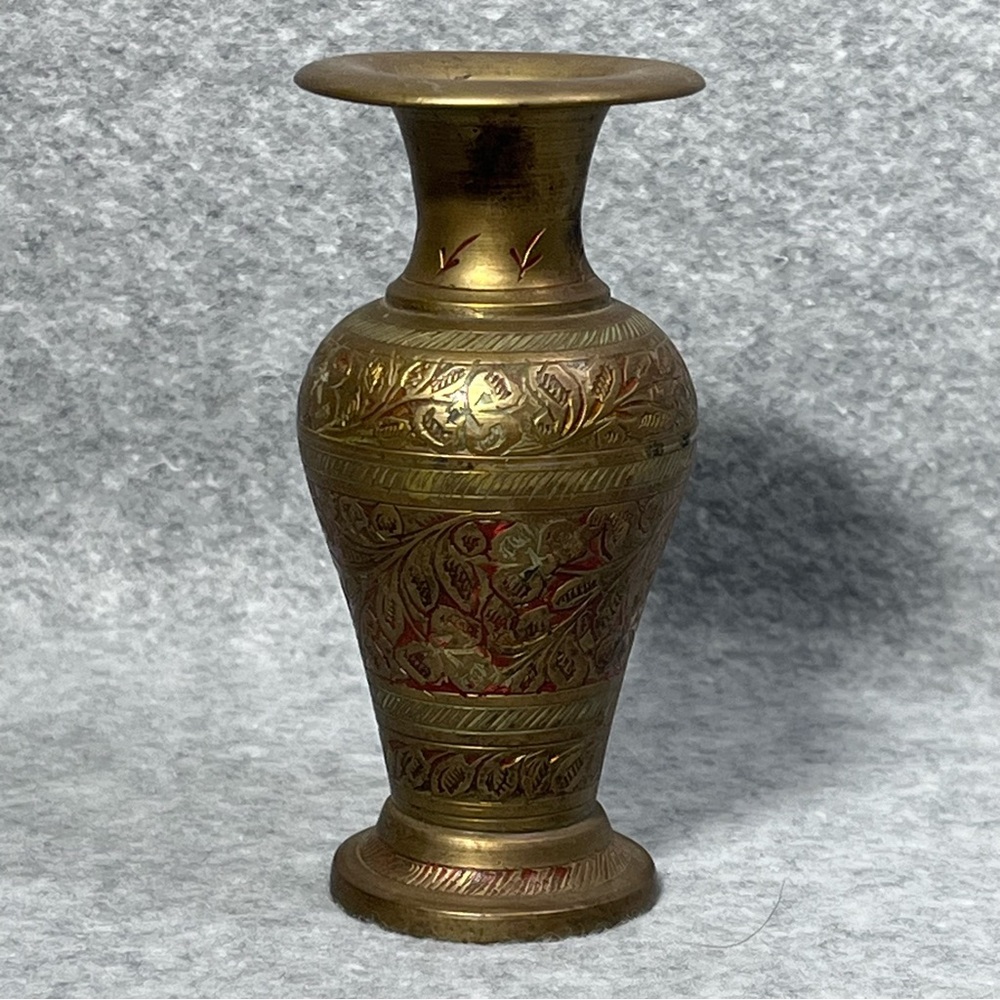 Vintage Vase 4” Brass Hand Carved Intricate Inlaid‎ Decorative